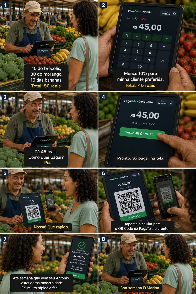 Storyboard de uma venda na feira com desconto e pagamento Pix no PagaTela.