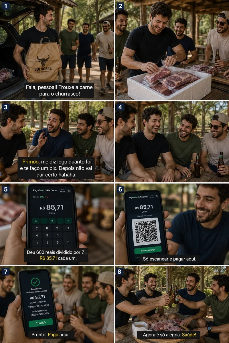Storyboard de amigos dividindo a conta de um churrasco com Pix pelo PagaTela.