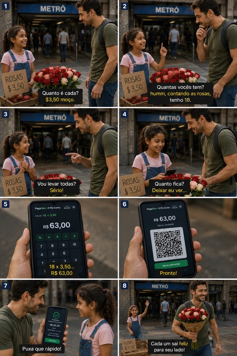 Storyboard de venda de rosas com pagamento Pix pelo PagaTela.