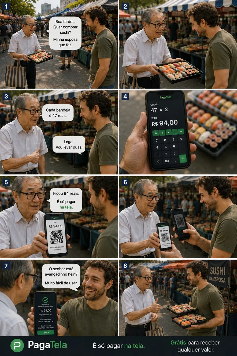 Storyboard de um vendedor de sushi usando o PagaTela na feira.